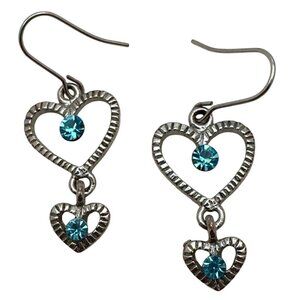 Dainty Heart Dangle Earrings Sparkling Blue Rhinestone Sweet Romance Whimsy